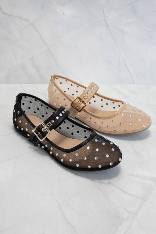SF9868 RHINESTONE EMBELLISHED MESH MARY JANE FLATS: BLACK / 7