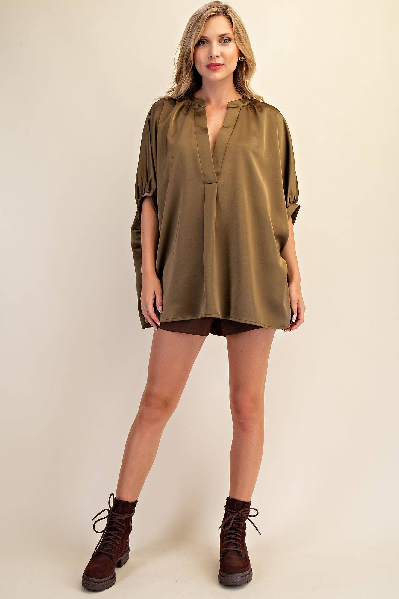 V-Neck Placket Oversized Satin Top: Burgundy / M