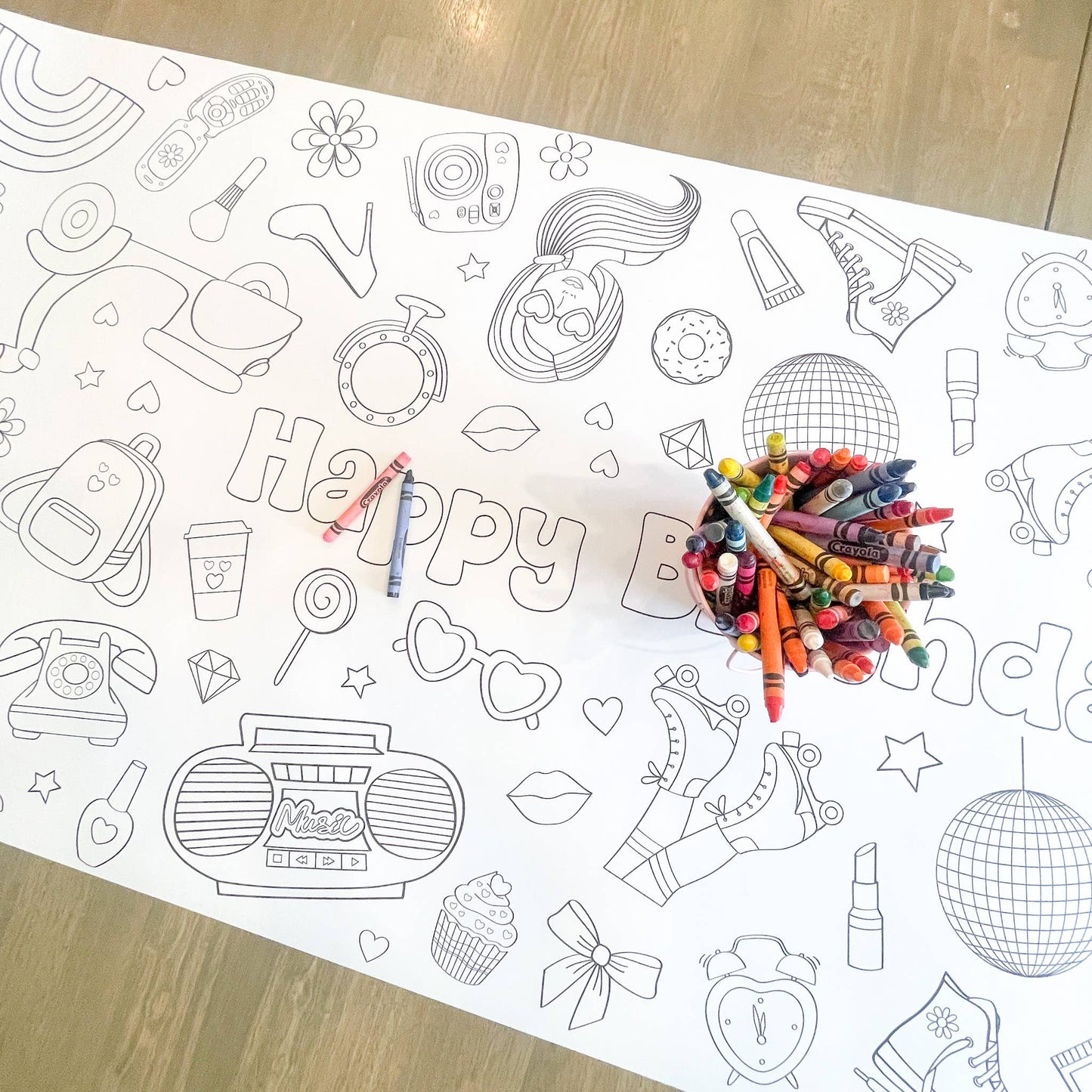 Pink Doll Coloring Table Runner| Happy Birthday: No personalization (no wording)