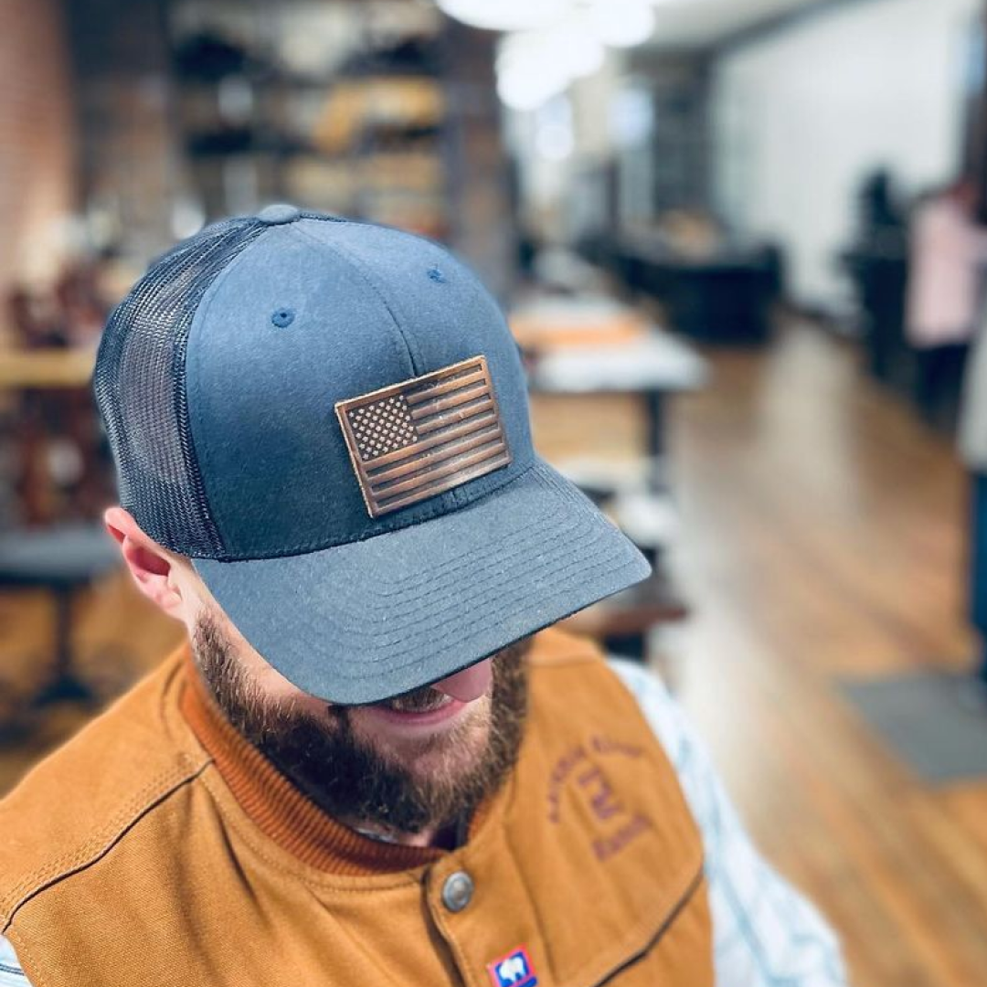 American Flag Hat | Leather Patch Trucker Hat: Navy