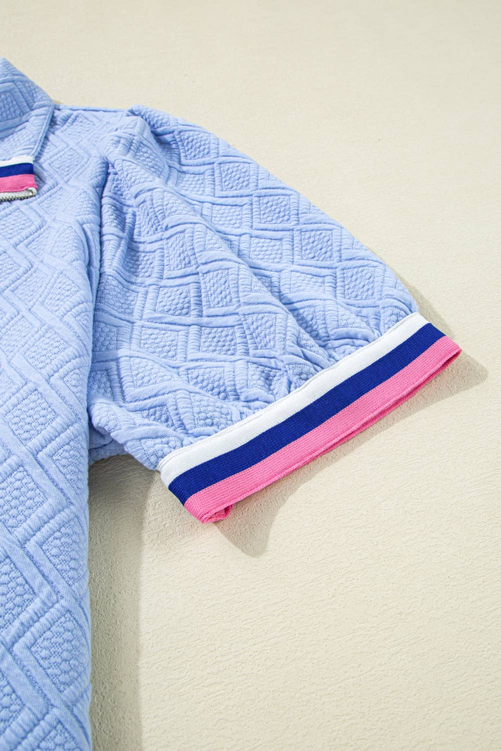 Striped Trim Zipped Stand Collar Puff Sleeve Plus Size Dress: Blue / Plus Size / 1X