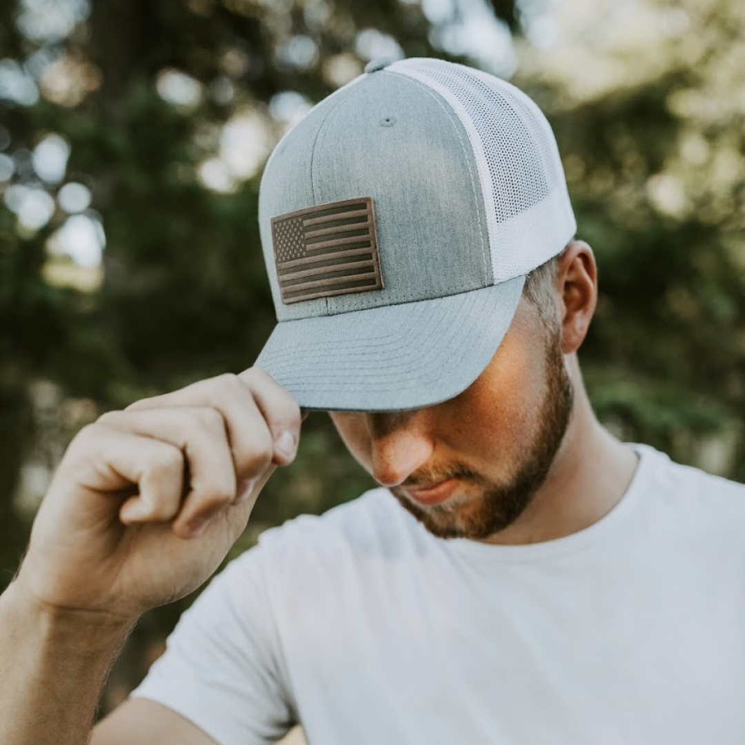 American Flag Hat | Leather Patch Trucker Hat: Heather Gray/White