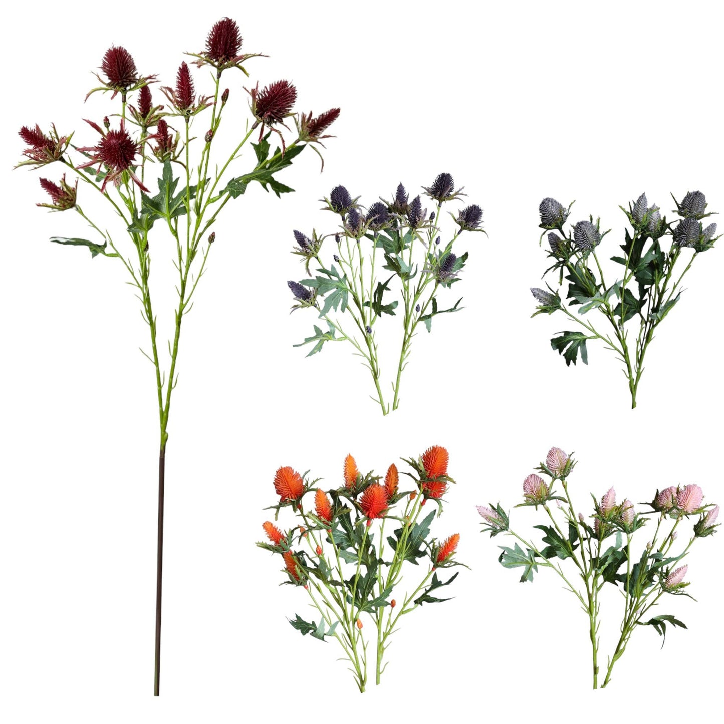 26" Artificial Thistle Eryngium Sea Holly-10Flowers : Wine Burgundy