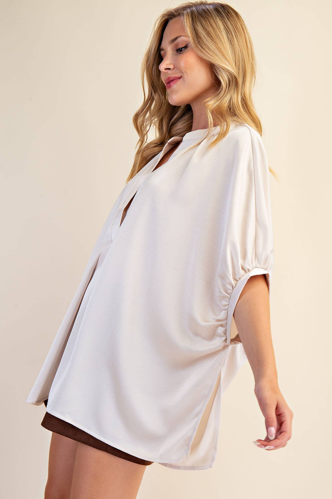 V-Neck Placket Oversized Satin Top: Burgundy / M