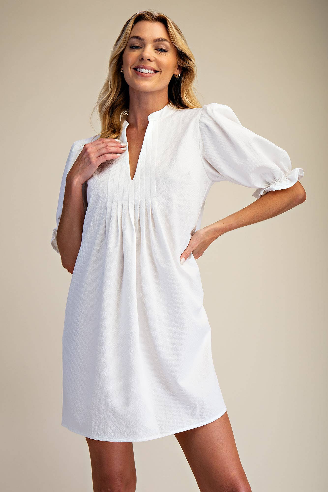 Puff Sleeve Mini Dress: Ivory / M