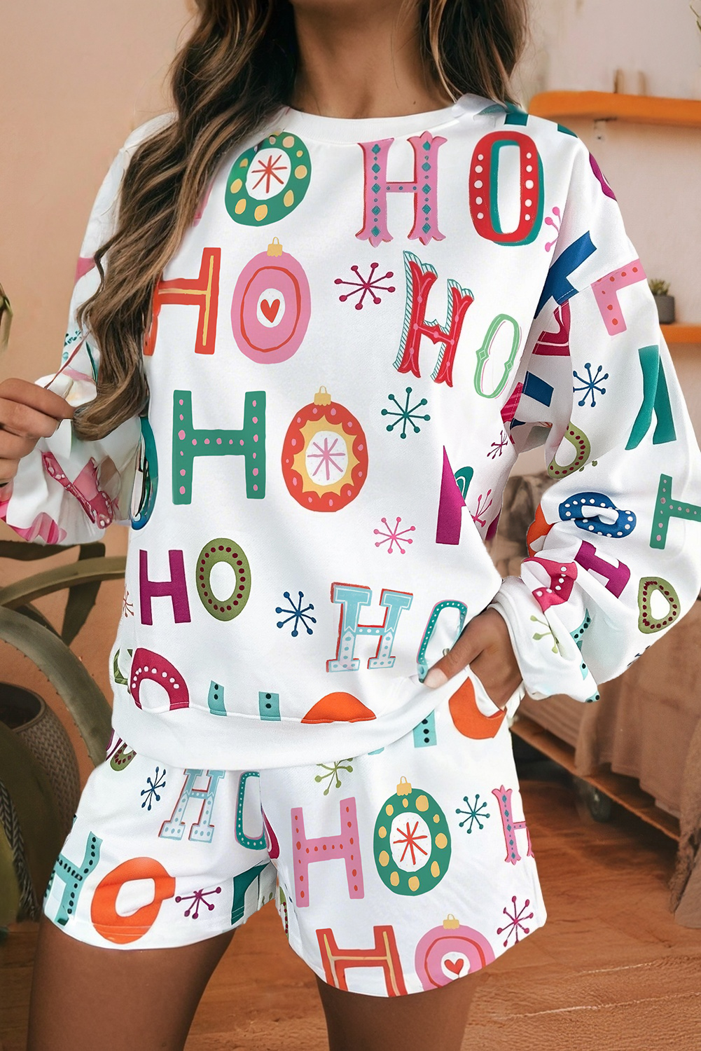 Ho Ho Ho Embellished Letter Graphic 2pcs Lounge Set: White