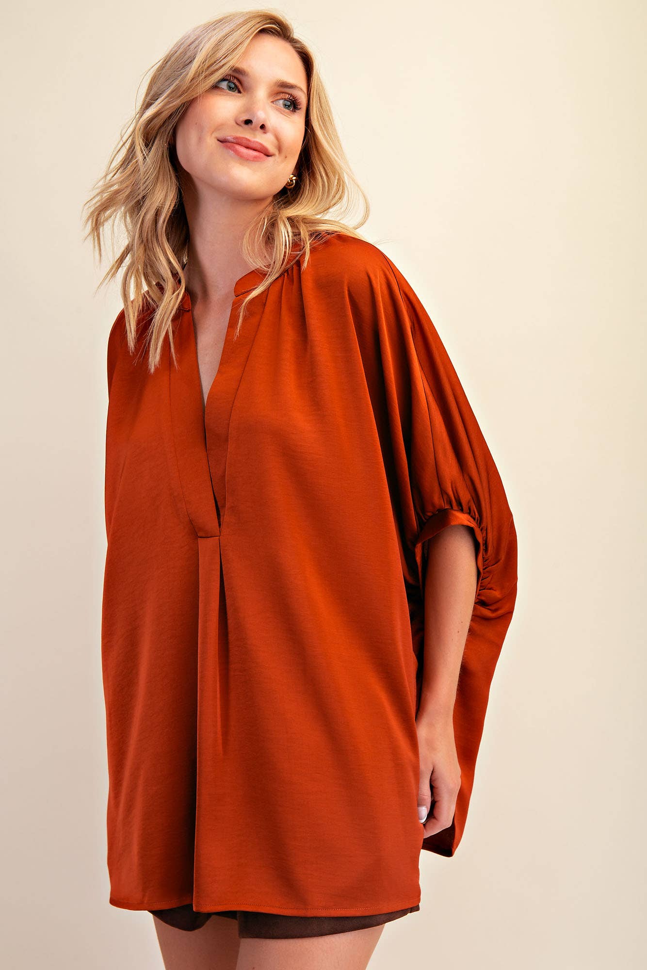 V-Neck Placket Oversized Satin Top: Olive / L
