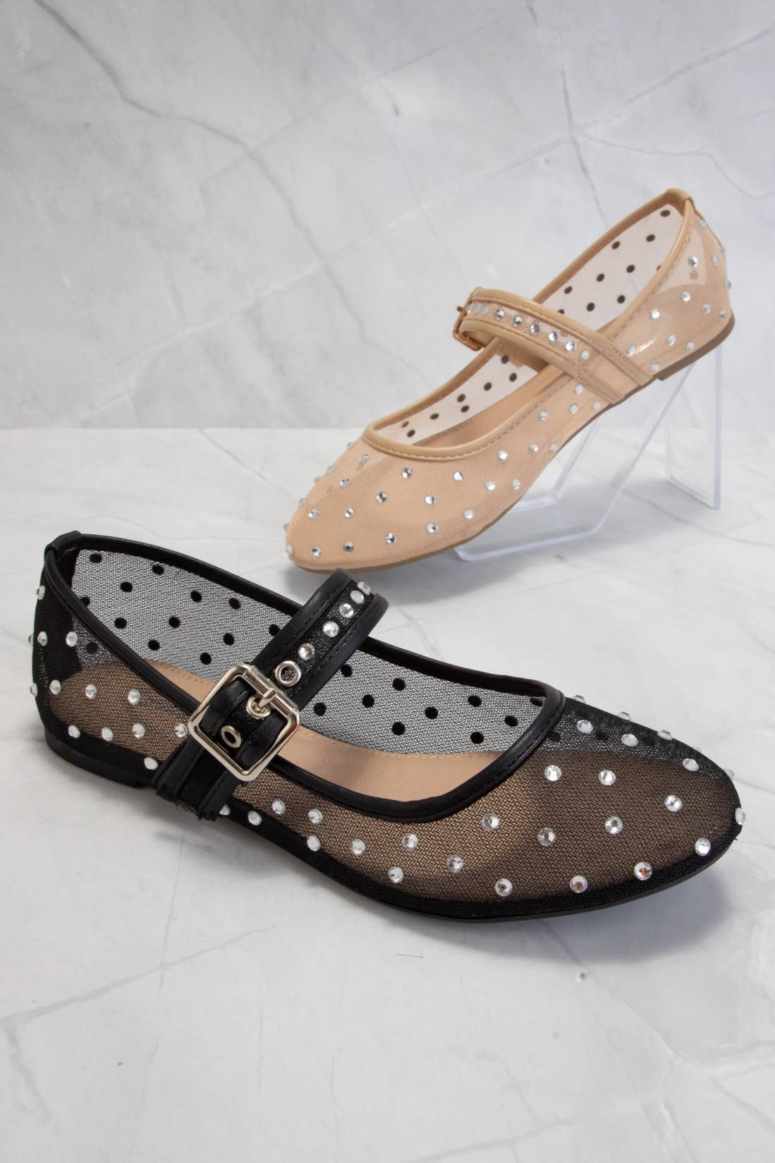 SF9868 RHINESTONE EMBELLISHED MESH MARY JANE FLATS: BEIGE / 8.5
