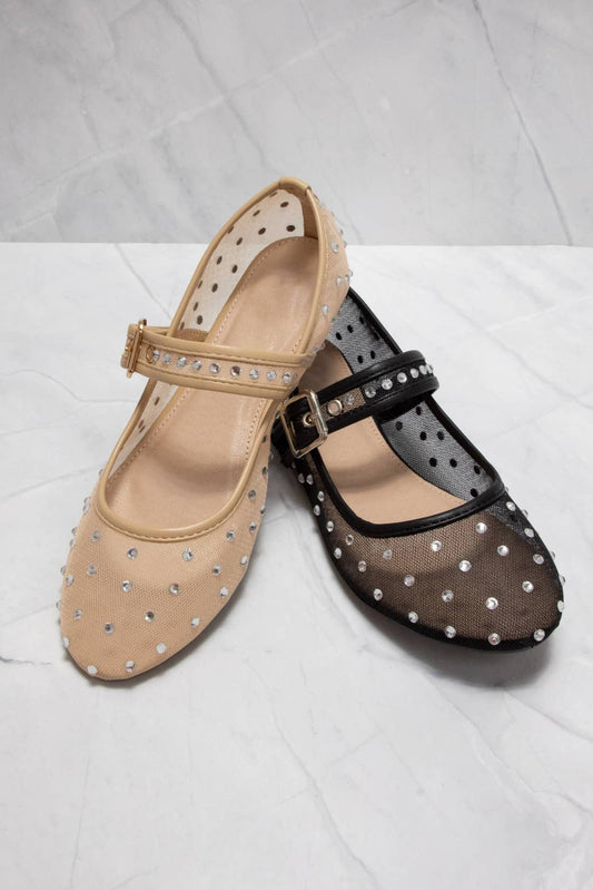 SF9868 RHINESTONE EMBELLISHED MESH MARY JANE FLATS: BEIGE / 8.5