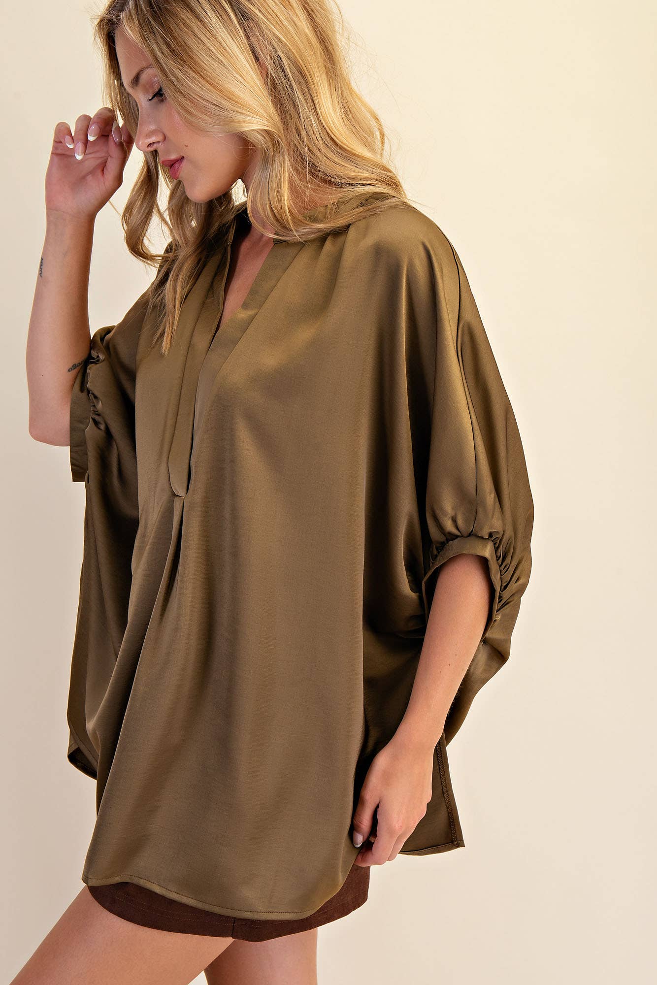 V-Neck Placket Oversized Satin Top: Olive / L