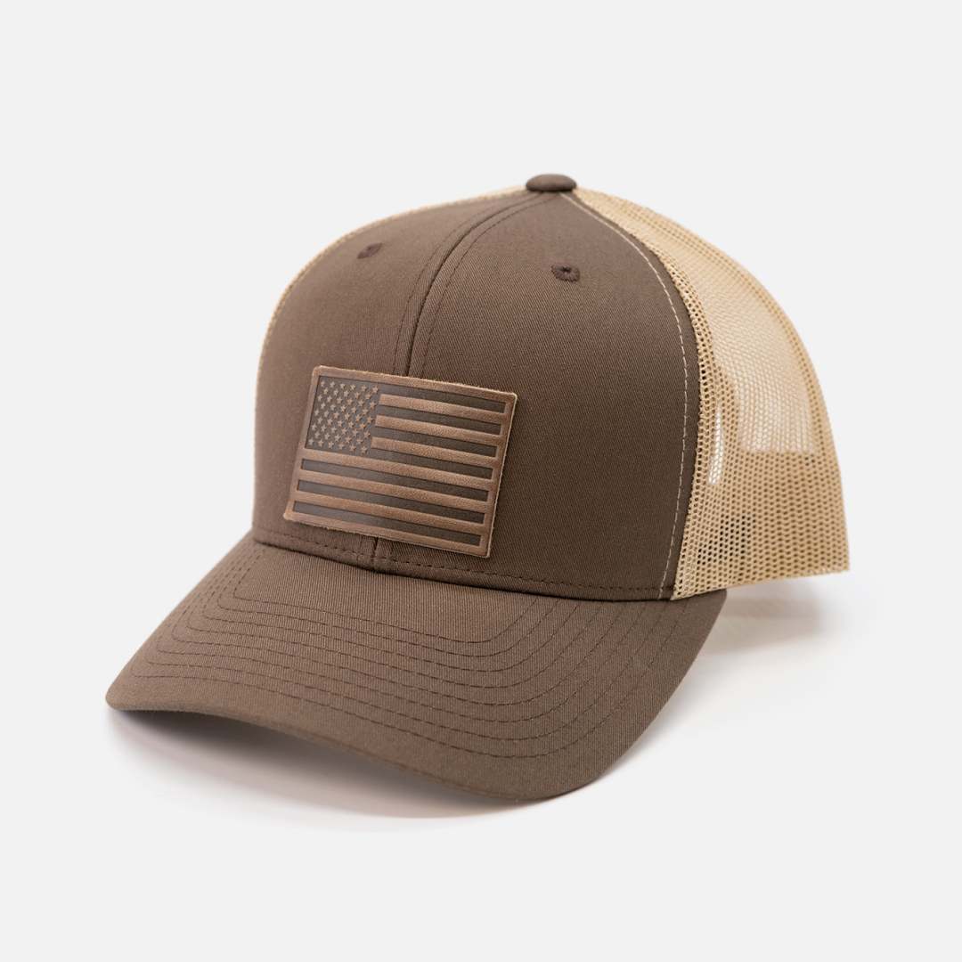 American Flag Hat | Leather Patch Trucker Hat: Heather Gray/White