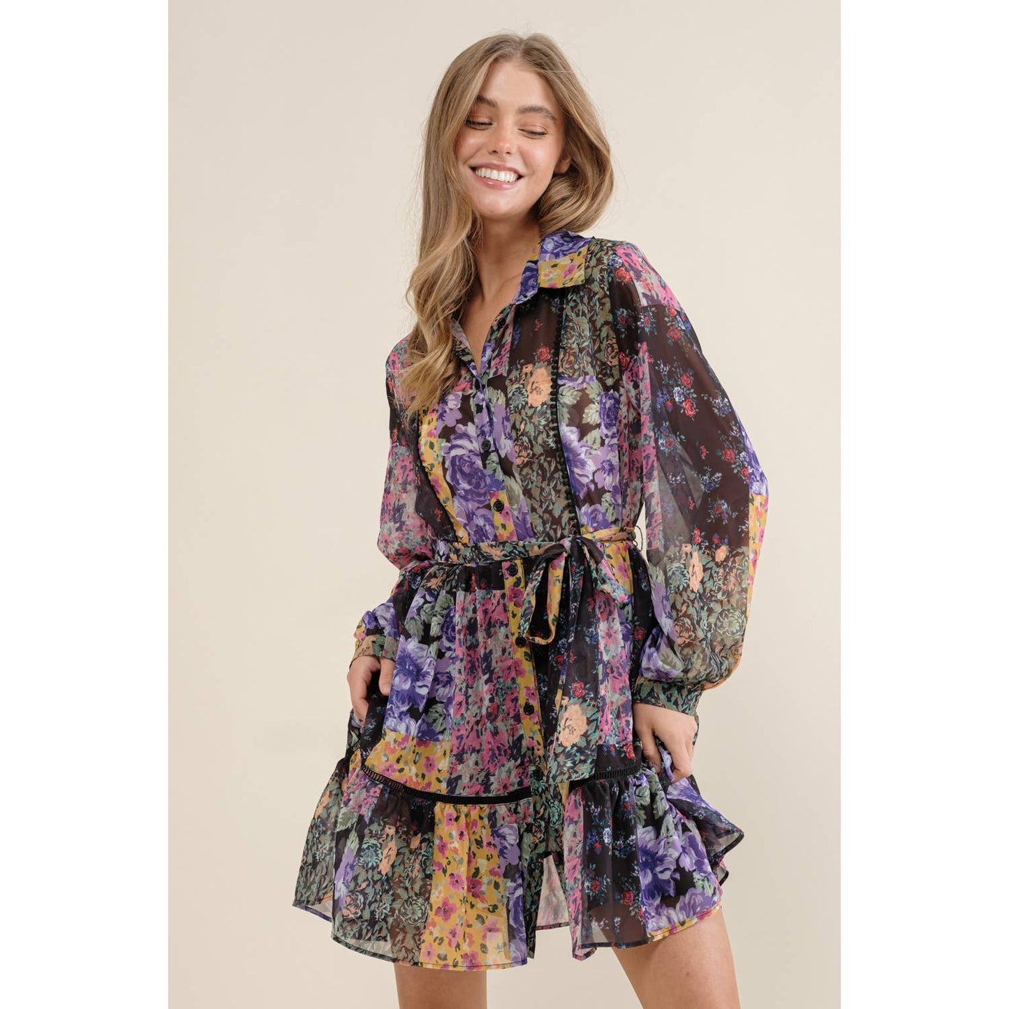 FLOWER PRINT LONG SLEEVE SHIRT DRESS: Blush Multi / S