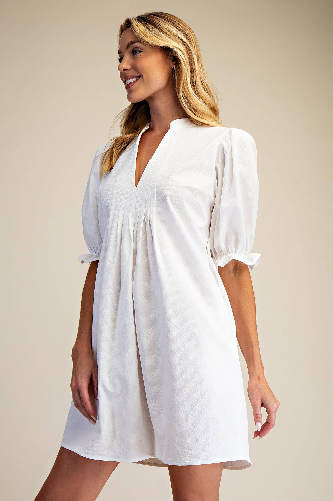 Puff Sleeve Mini Dress: Ivory / M