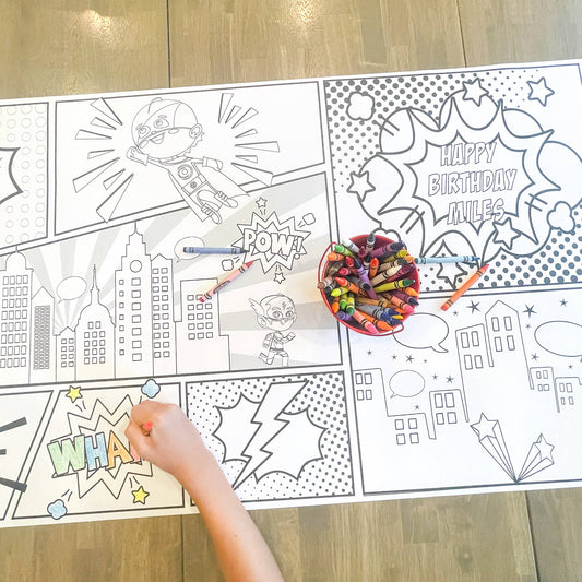 Superhero Party Coloring Table Runner| Happy Birthday: Pow Wow Wham Etc