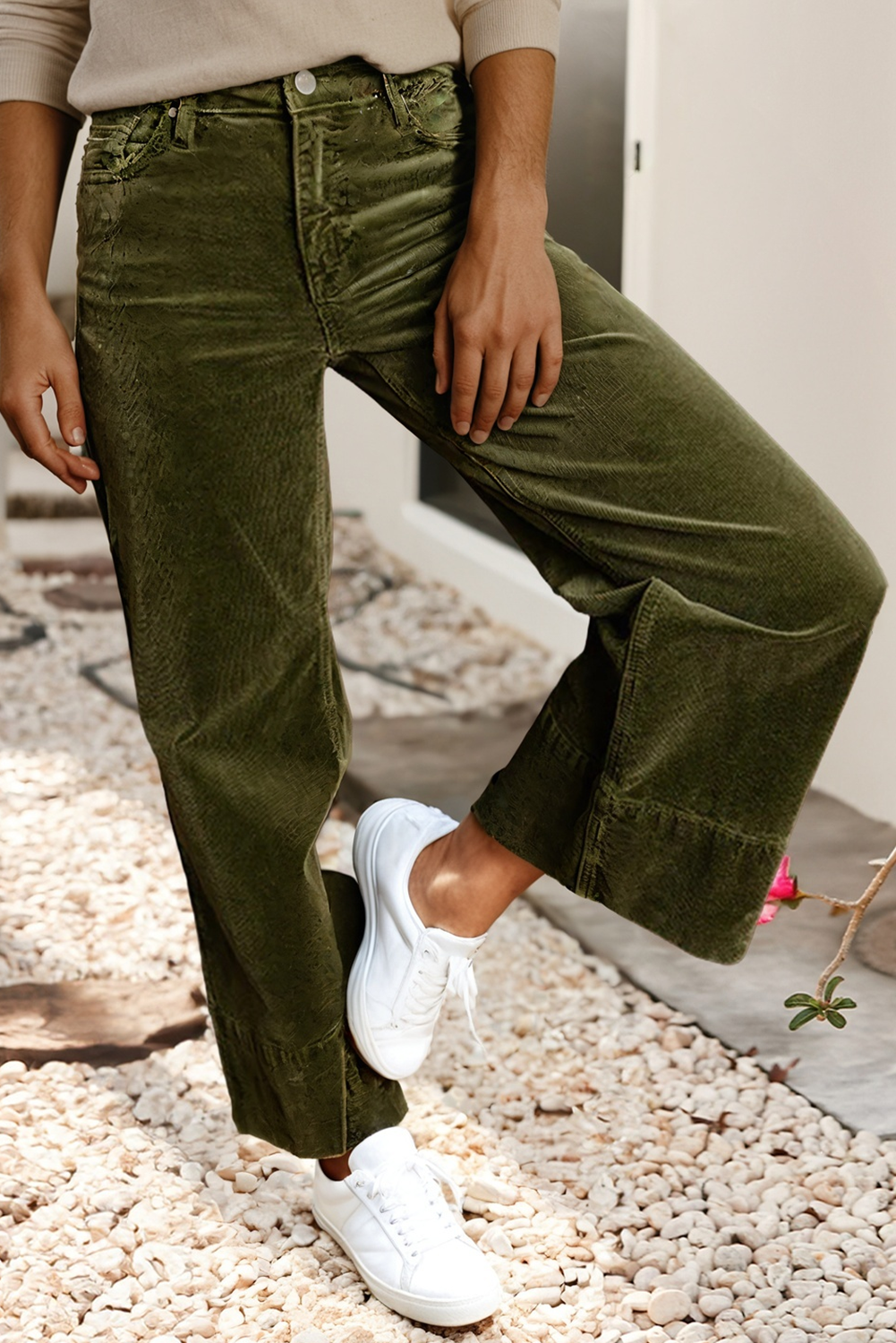 LDC Solid Color High Waist Corduroy Wide Leg Pants: Vineyard Green / L