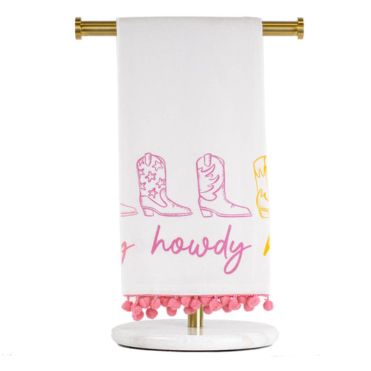 Howdy Cowgirl Pom Pom Hand Towel   White/Pink/Orange   20x28