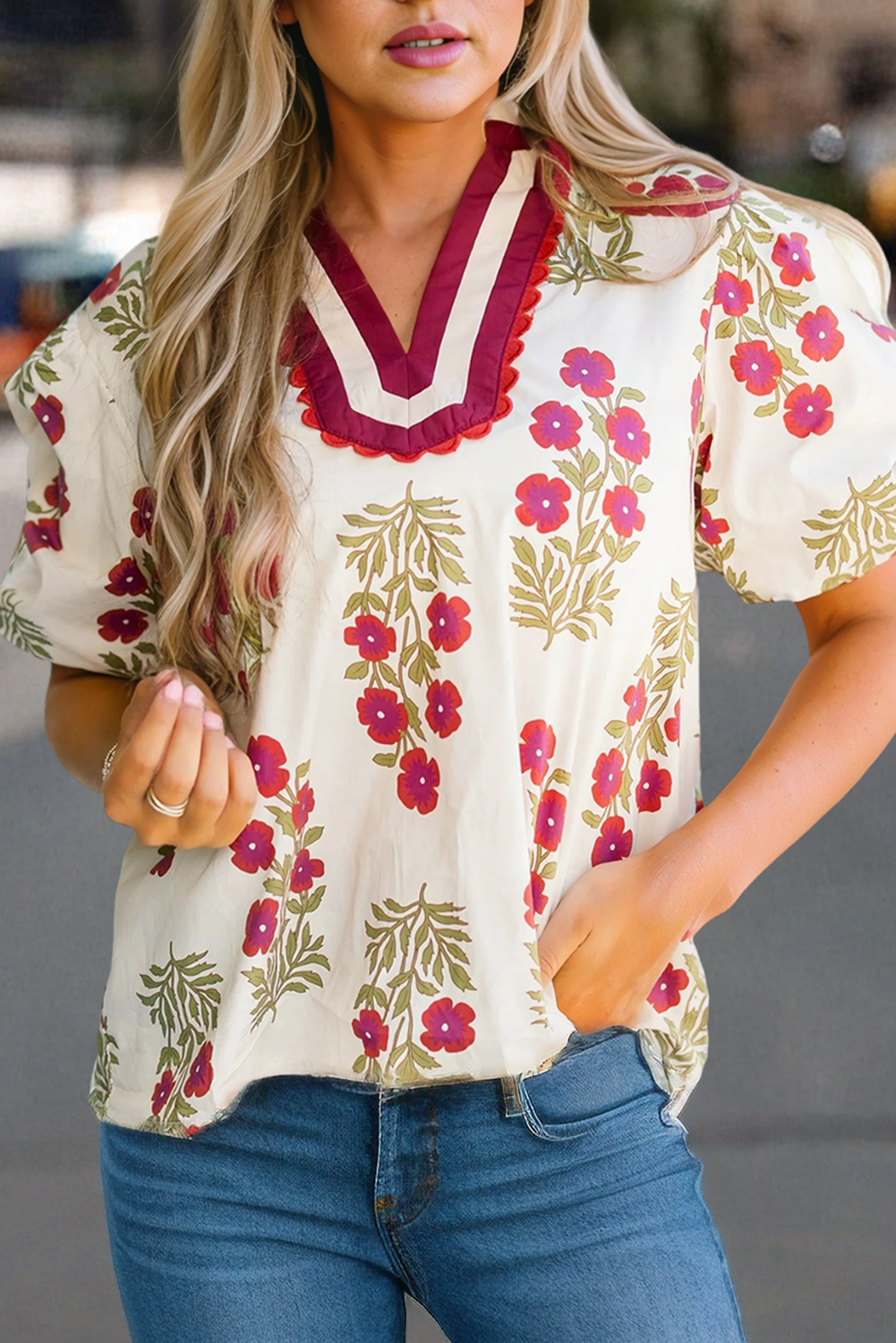 Floral Short Bubble Sleeve Contrast Plus Size Top (S-4X): White / M