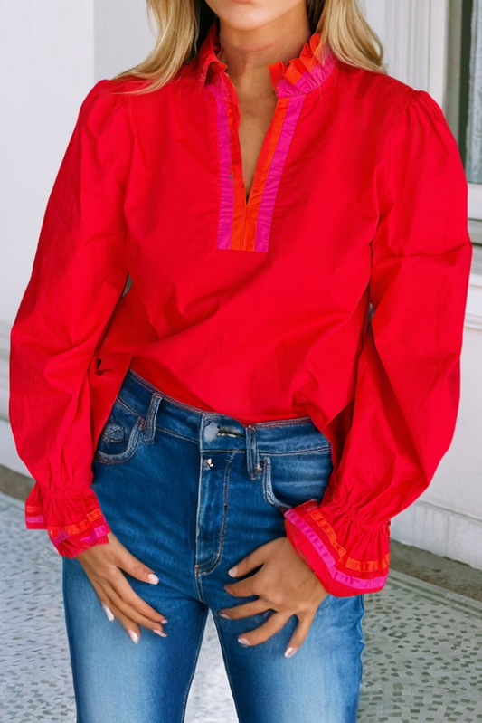 Striped Trim Ruffle Split Neck Long Sleeve Blouse: Fiery Red