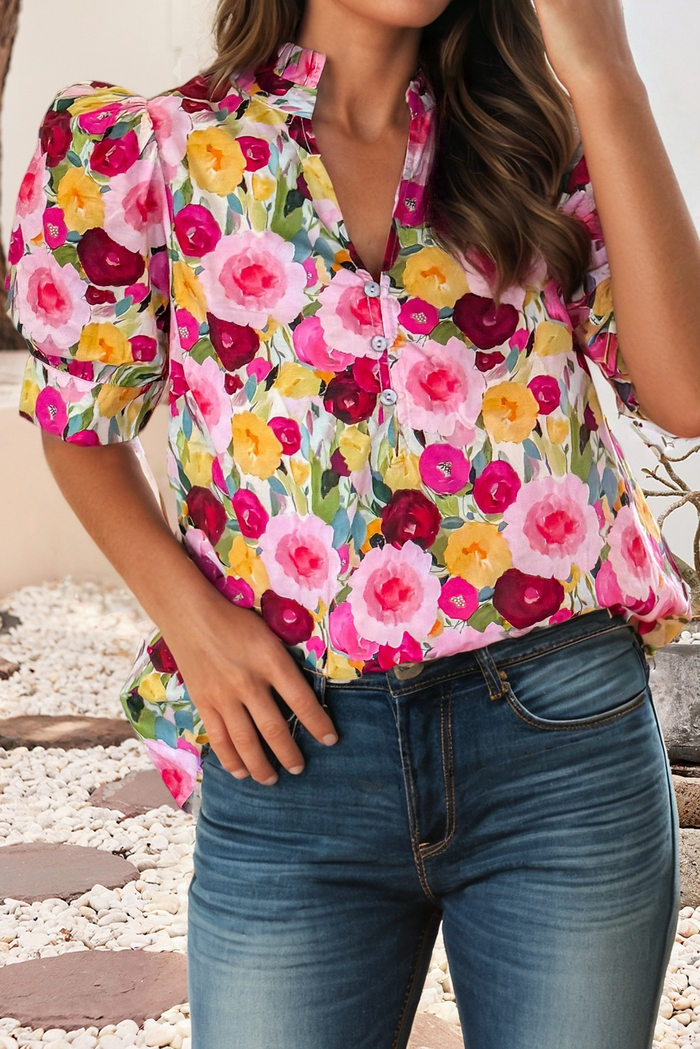 Spring Floral Frilled V Neck Puff Short Sleeve Blouse|S-4X: Pink / S