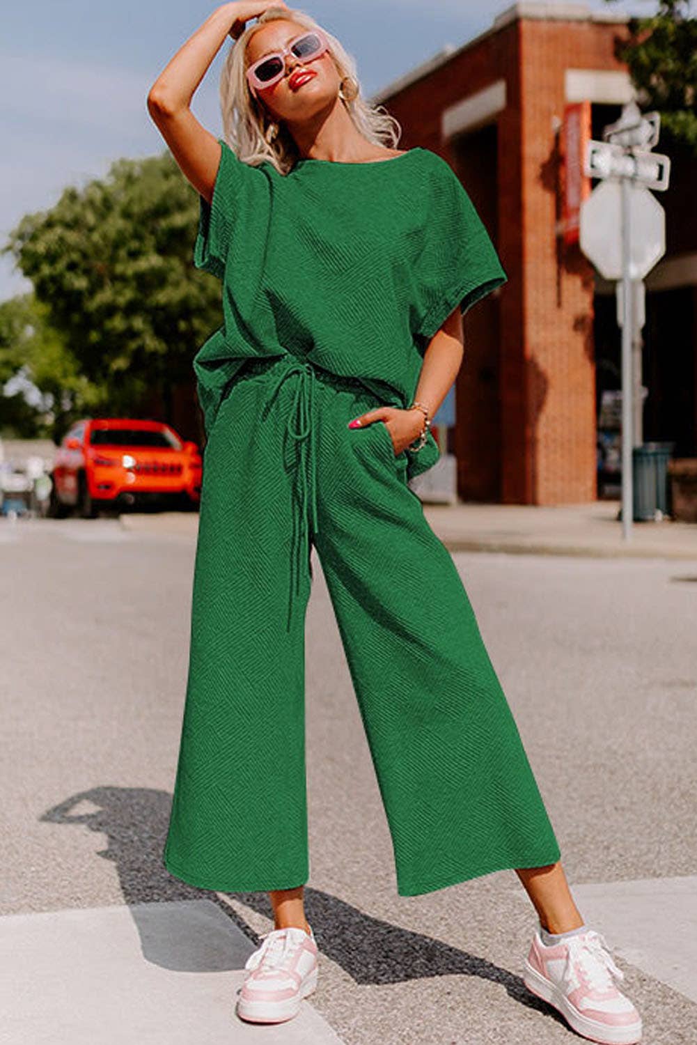 Green Textured Loose Fit Shirt and Drawstring Pants Set