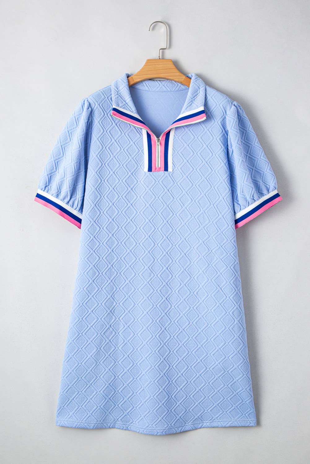 Striped Trim Zipped Stand Collar Puff Sleeve Plus Size Dress: Blue / Plus Size / 4X