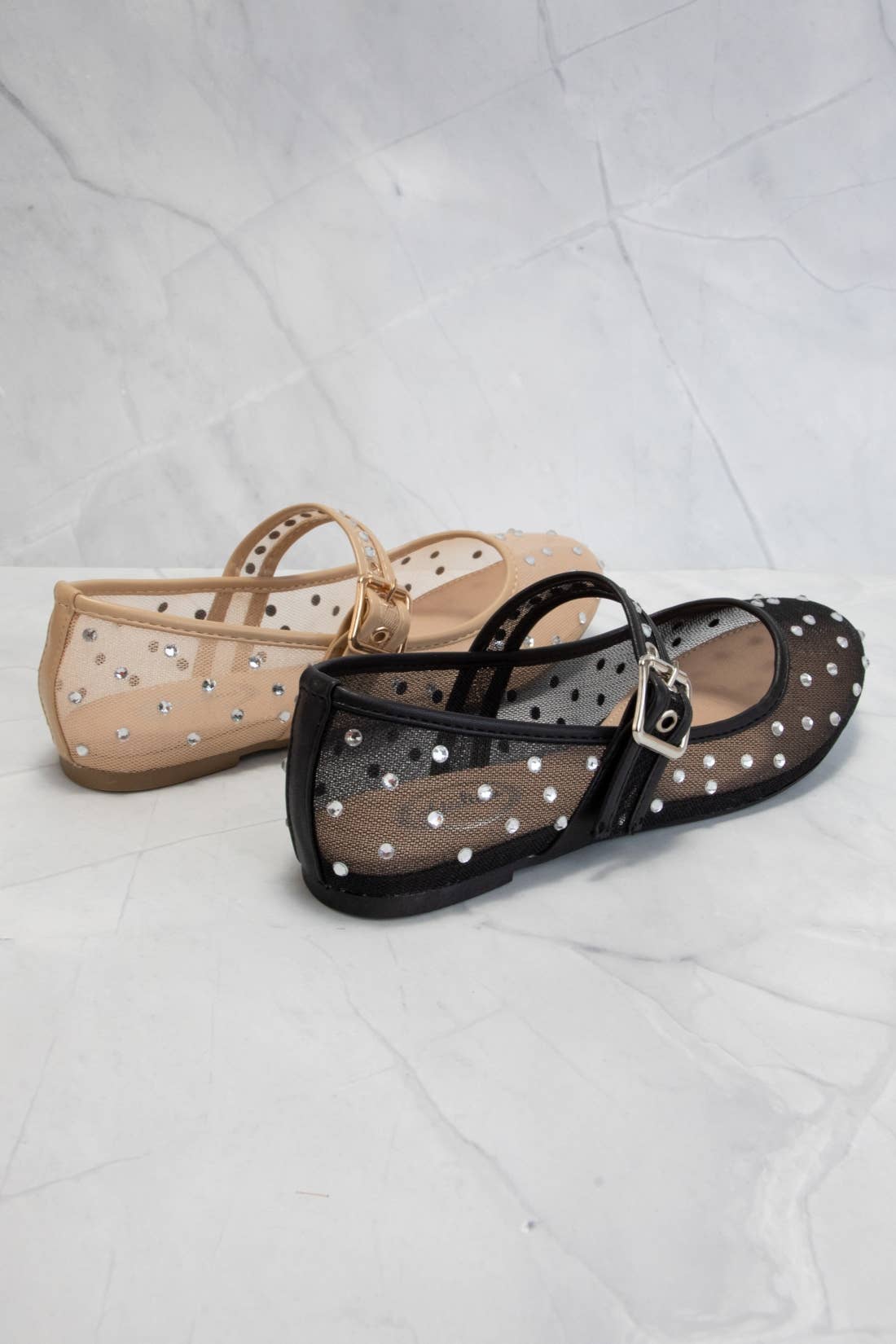 SF9868 RHINESTONE EMBELLISHED MESH MARY JANE FLATS: BEIGE / 7.5