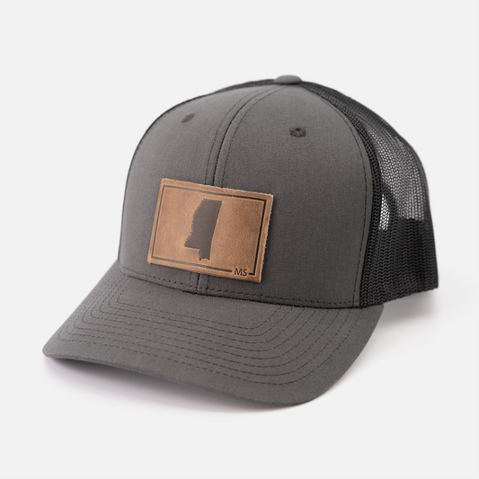 Mississippi Silhouette Hat | Leather Patch Trucker Hat: Charcoal