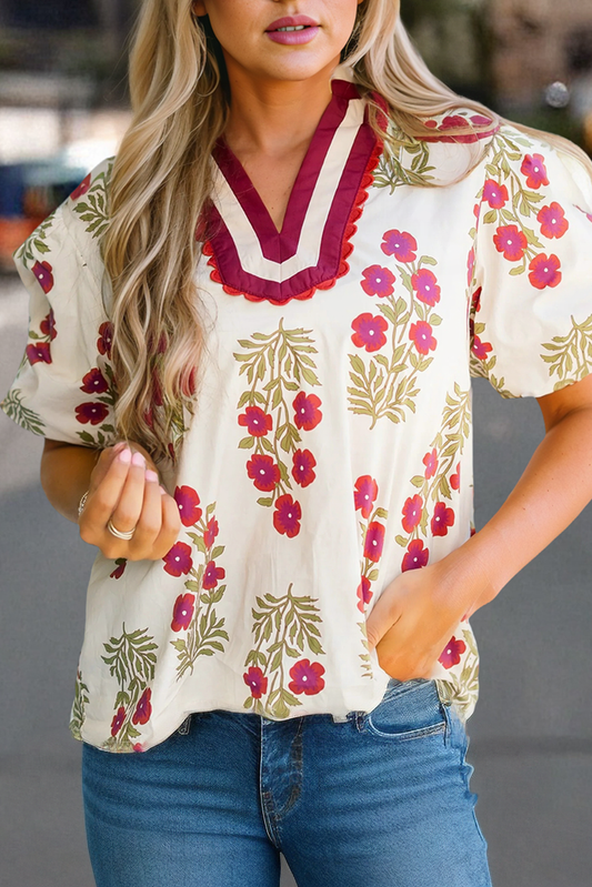 Floral Short Bubble Sleeve Contrast Plus Size Top (S-4X): White / XL