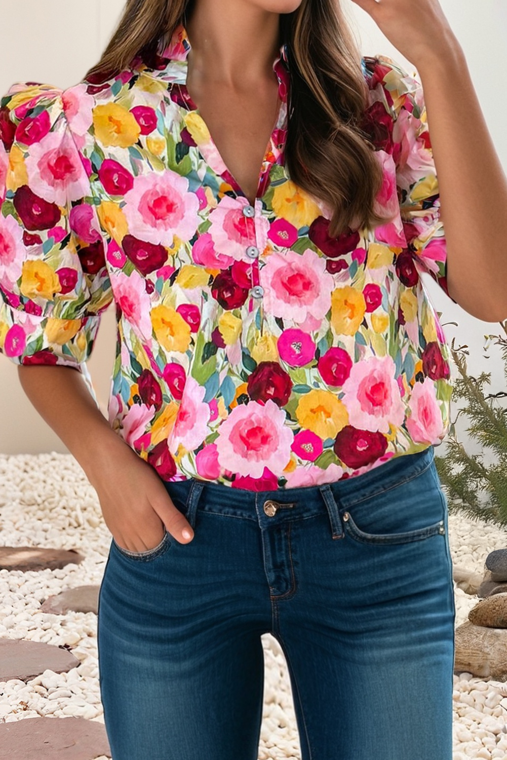Spring Floral Frilled V Neck Puff Short Sleeve Blouse|S-4X: Pink / S