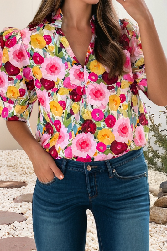 Spring Floral Frilled V Neck Puff Short Sleeve Blouse|S-4X: Pink / XL