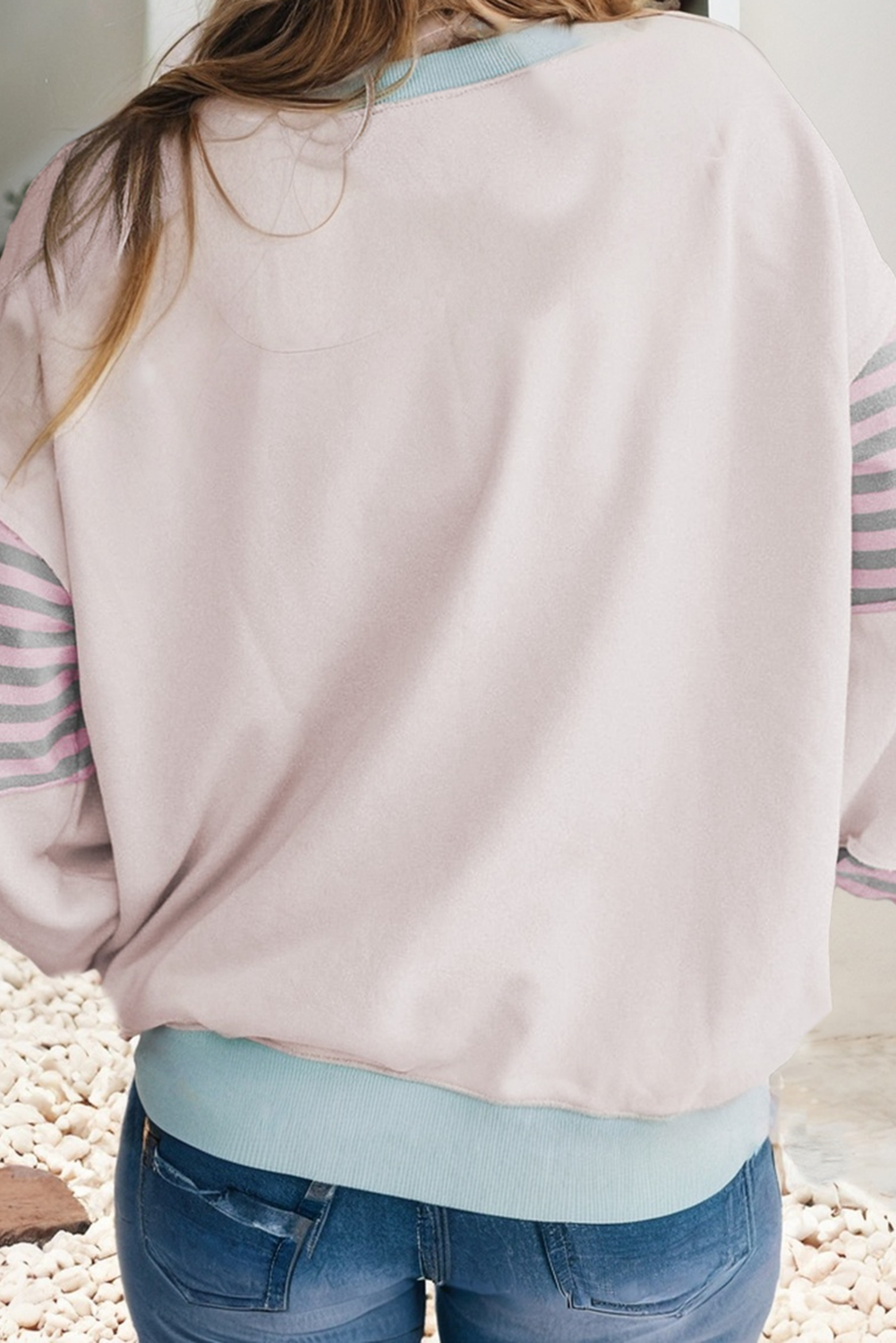 LDC Striped Colorblock Patchwork Drop Shoulder Sweatshirt: Jet Stream / M