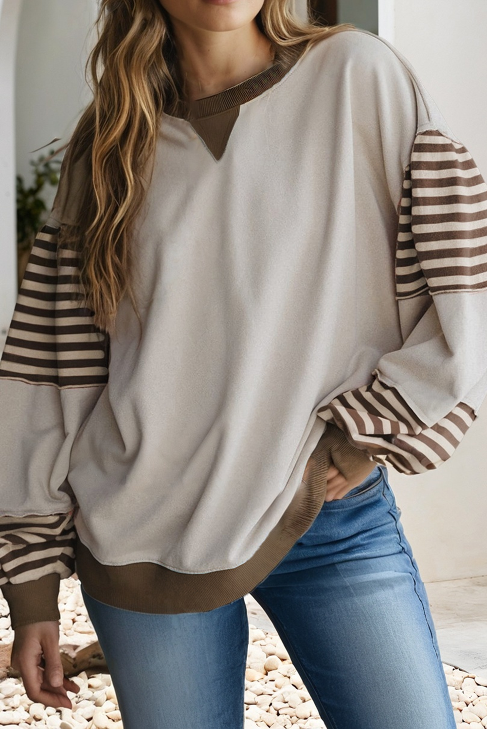 LDC Striped Colorblock Patchwork Drop Shoulder Sweatshirt: Jet Stream / M
