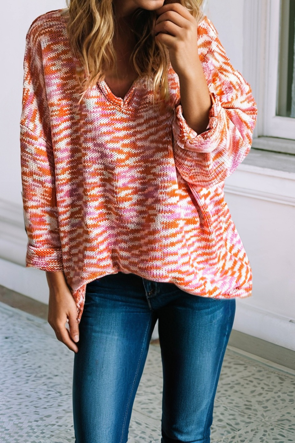 LDC Vibrant Print Drop Shoulder V Neck Oversized Sweater: Orange / M