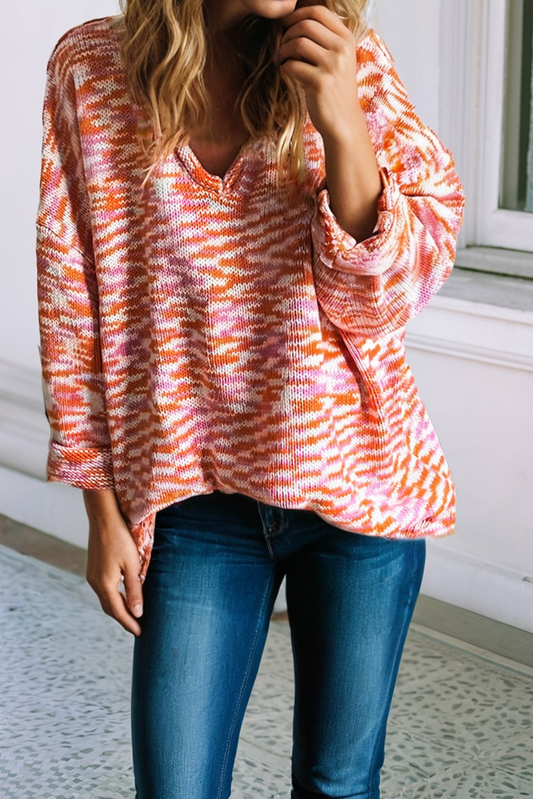 LDC Vibrant Print Drop Shoulder V Neck Oversized Sweater: Orange / M