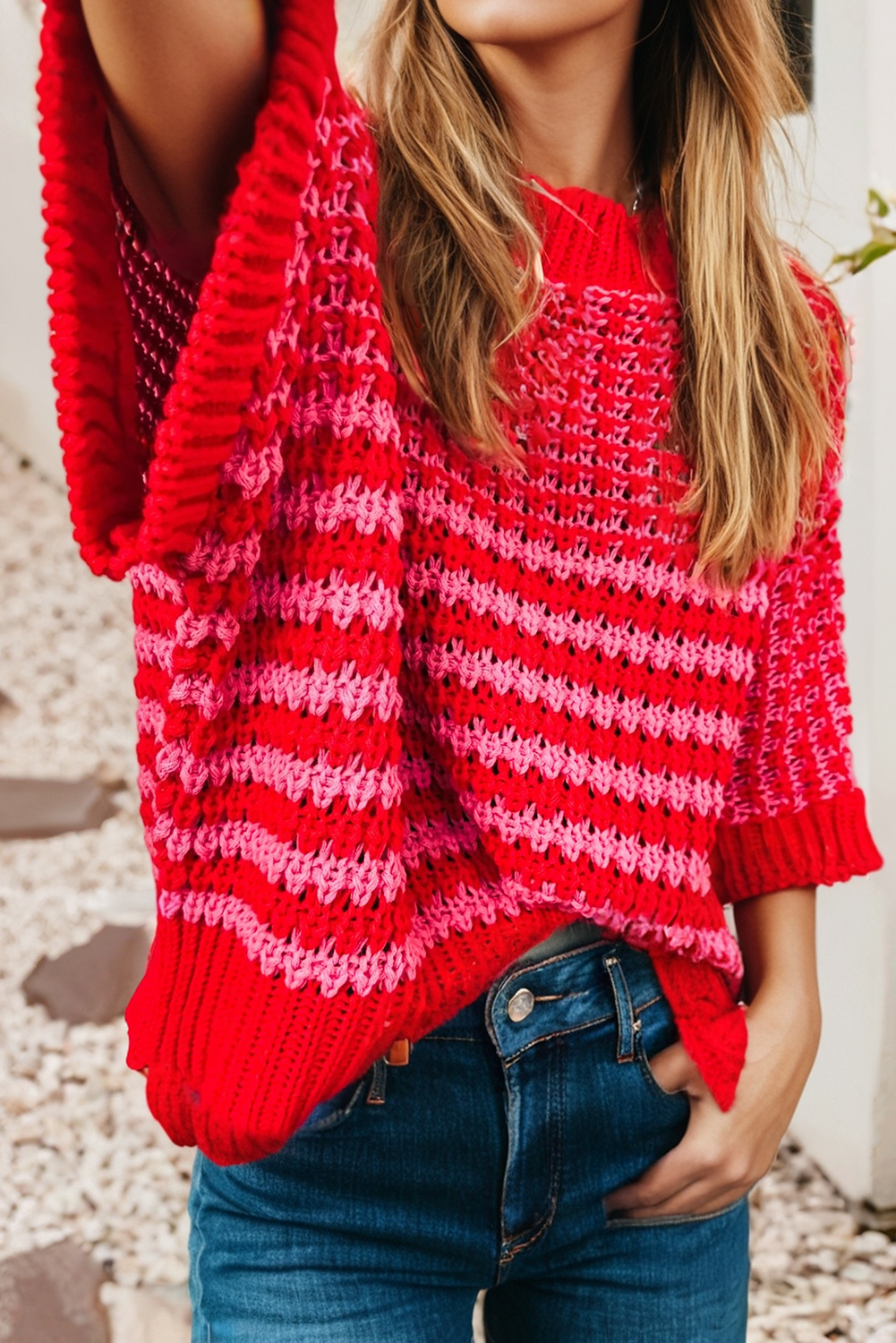 LDC 3/4 Draped Sleeve Slouchy Sweater: Red Stripe / M