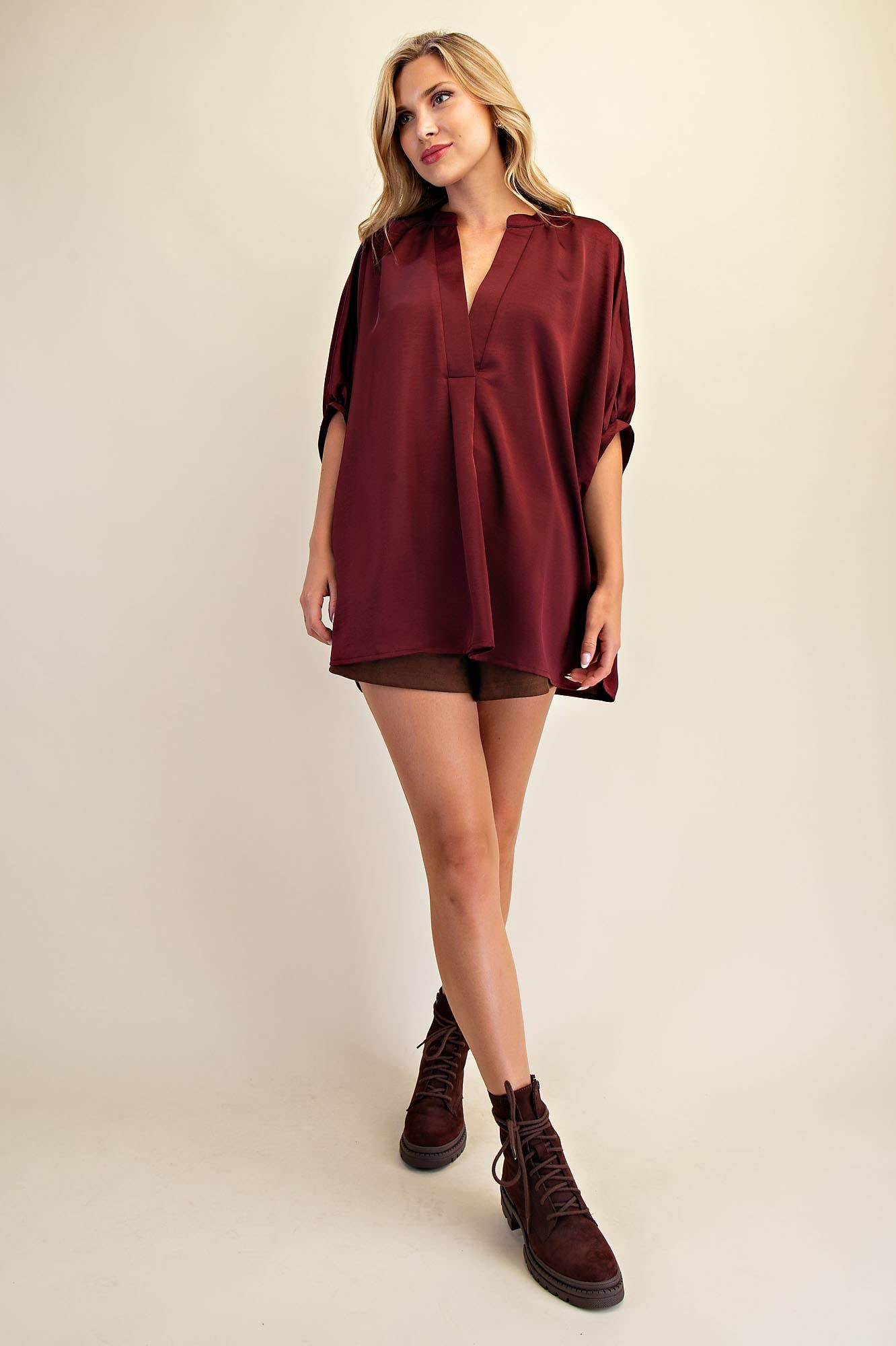 V-Neck Placket Oversized Satin Top: Olive / L