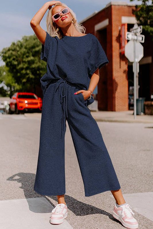 Navy Blue Textured Loose Fit Shirt and Drawstring Pants Set