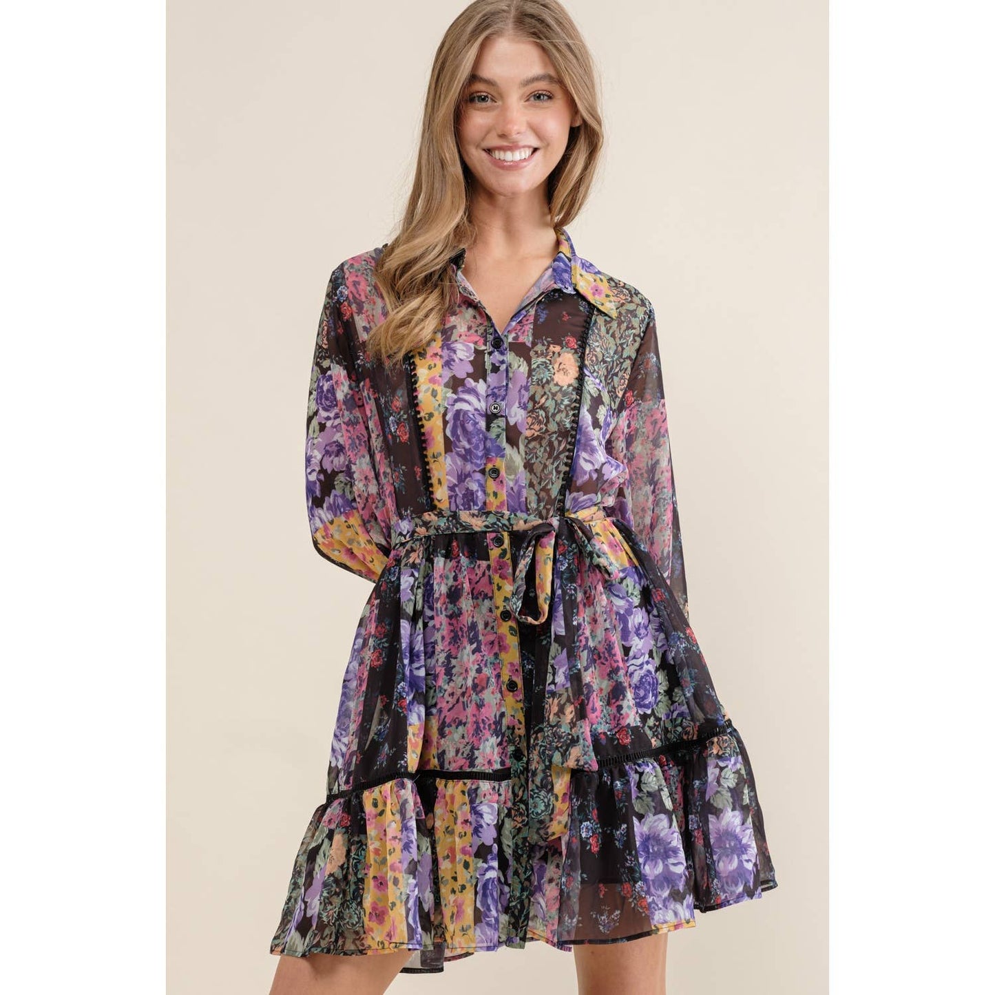FLOWER PRINT LONG SLEEVE SHIRT DRESS: Blush Multi / S