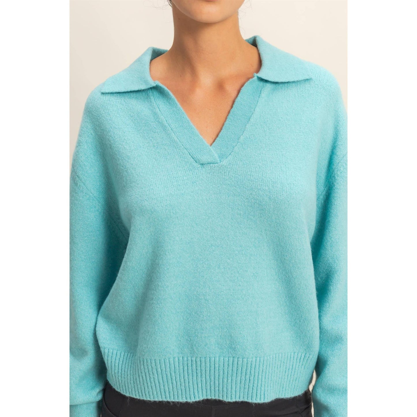 Collared V Neck Sweater: SKY BLUE