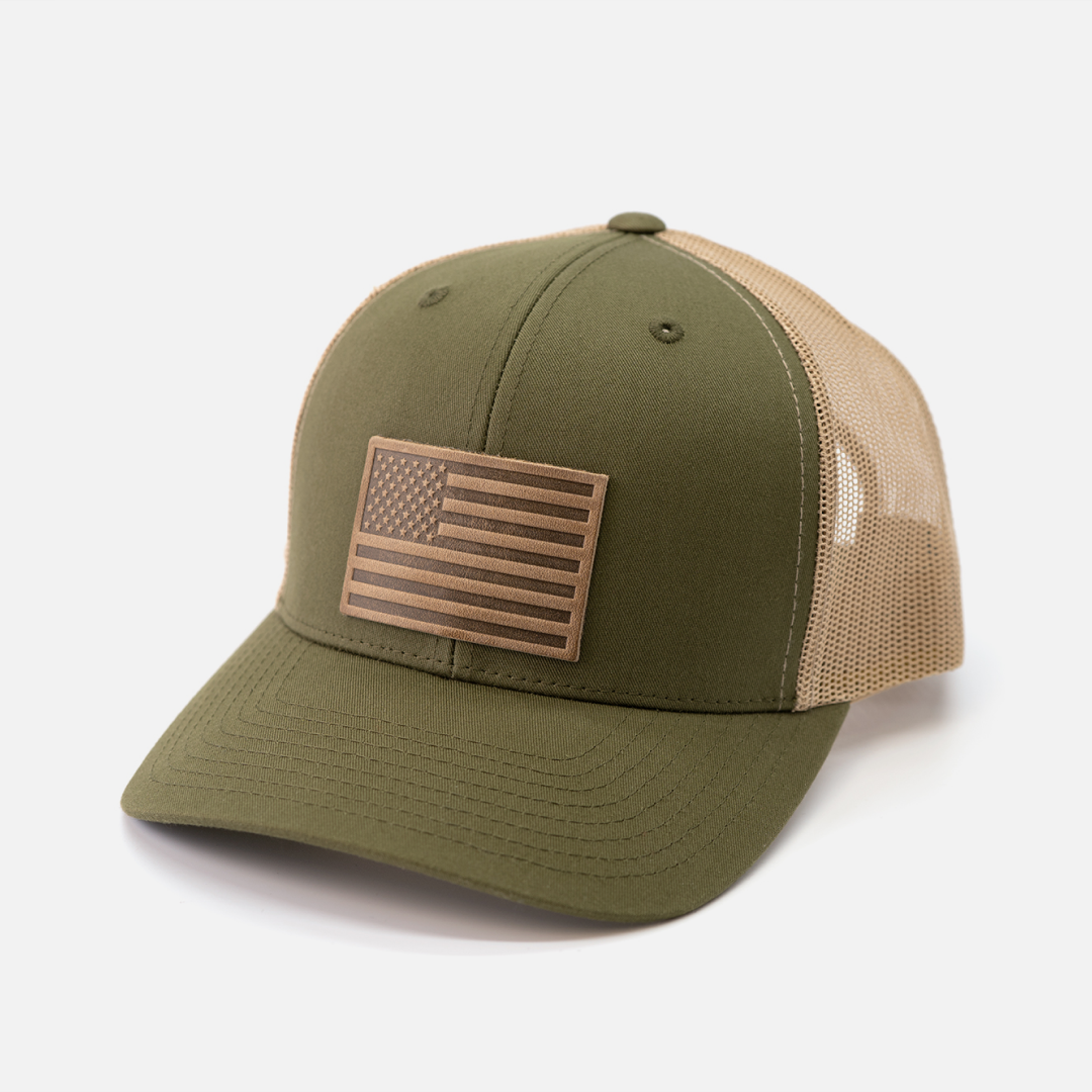 American Flag Hat | Leather Patch Trucker Hat: Navy