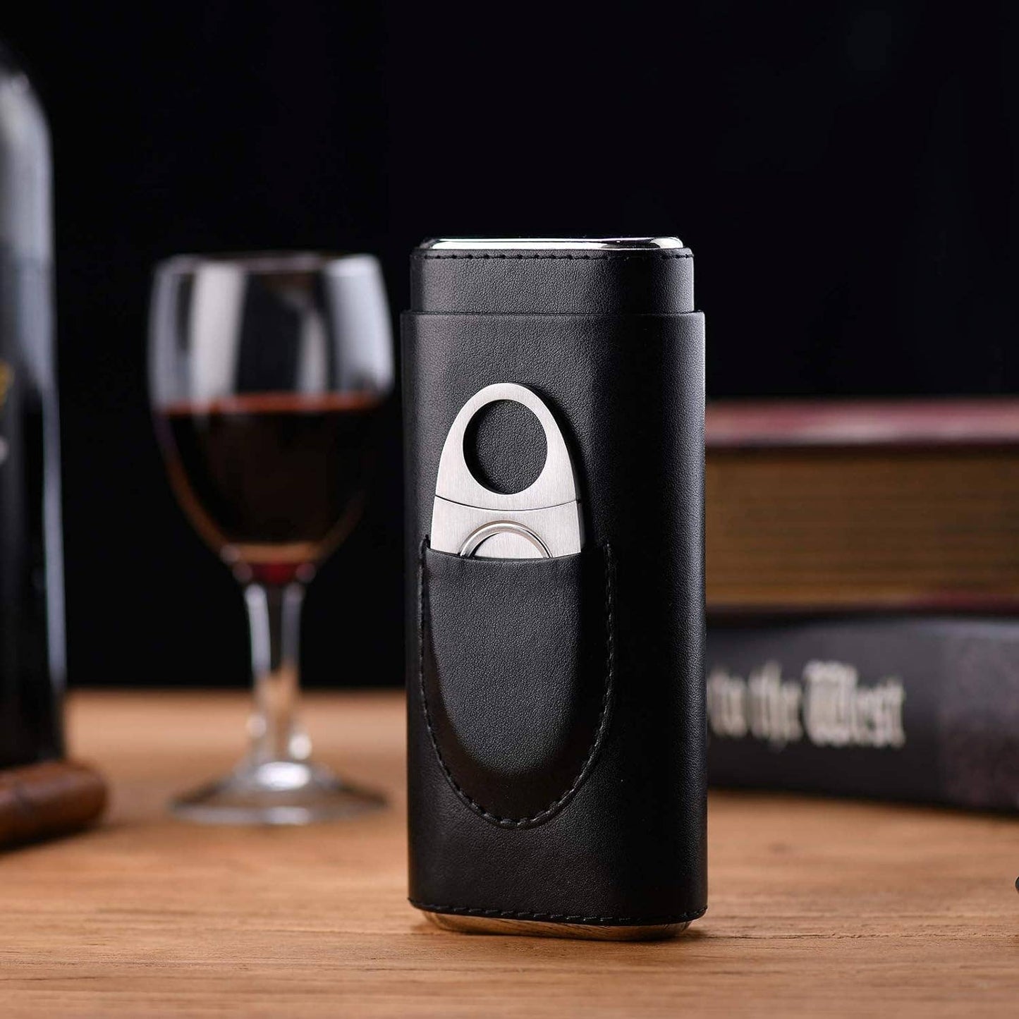 Genuine Leather Cigar Case, Wood Lined Humidor with Cutter: Brown