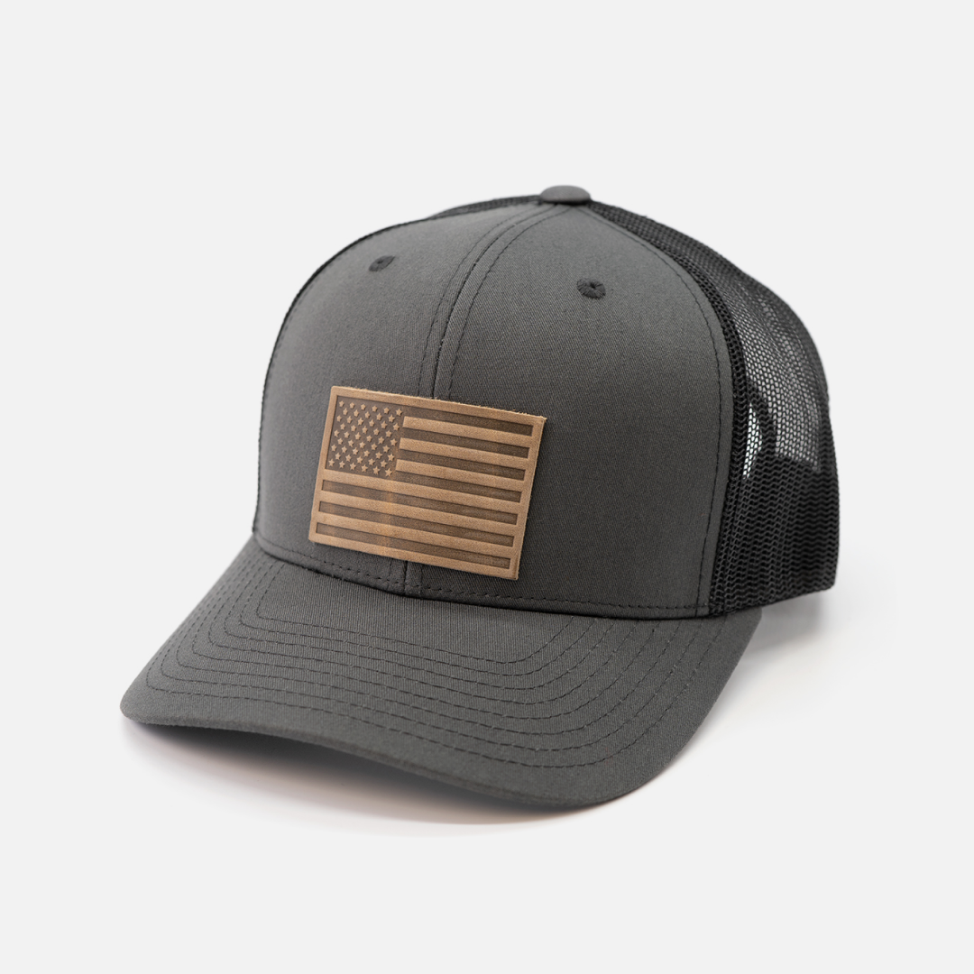American Flag Hat | Leather Patch Trucker Hat: Navy