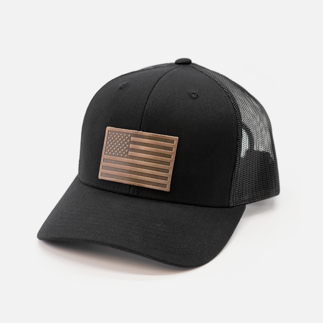 American Flag Hat | Leather Patch Trucker Hat: Heather Gray/White