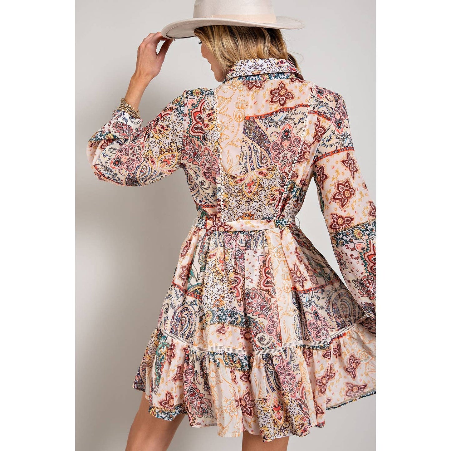 FLOWER PRINT LONG SLEEVE SHIRT DRESS: Blush Multi / S