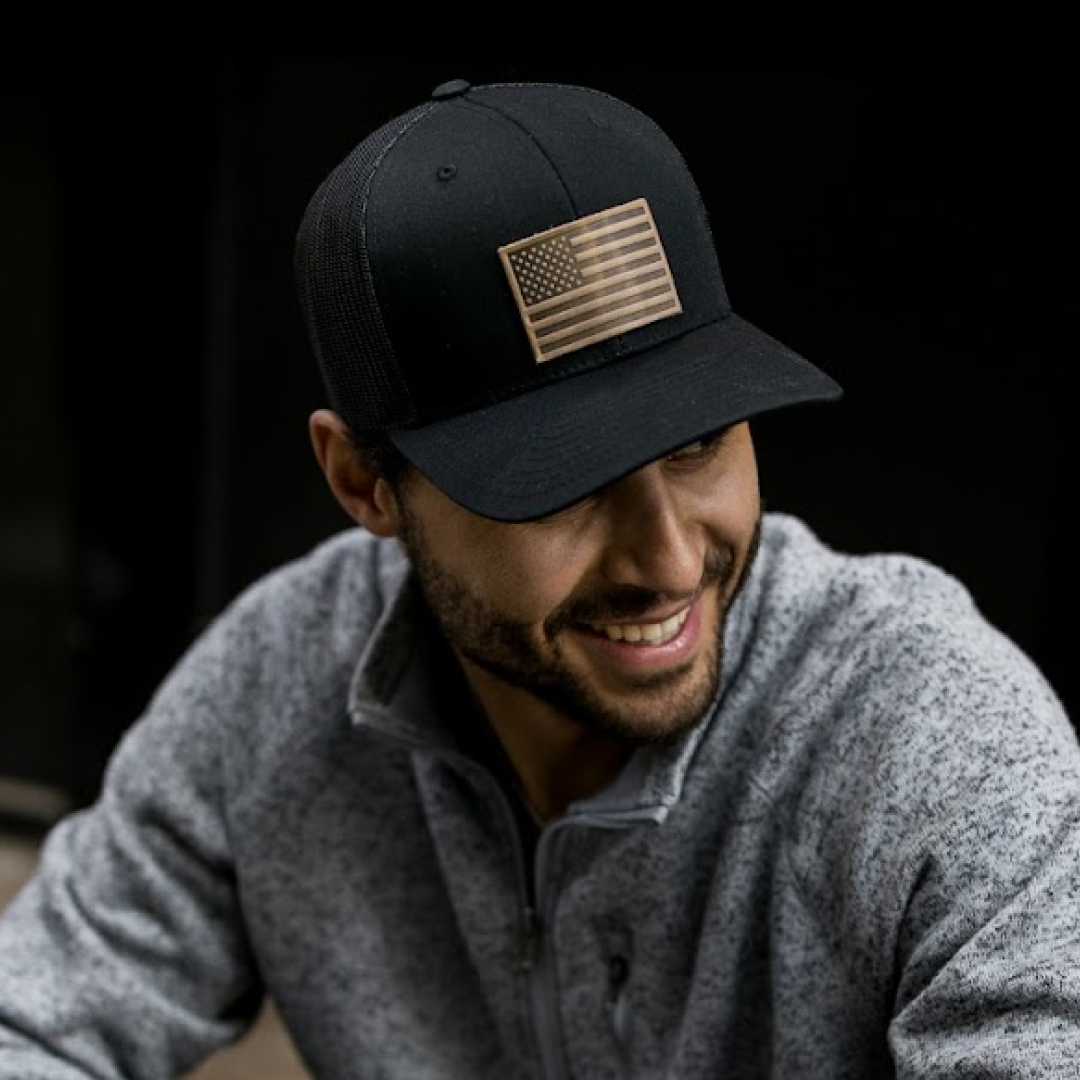 American Flag Hat | Leather Patch Trucker Hat: Heather Gray/White