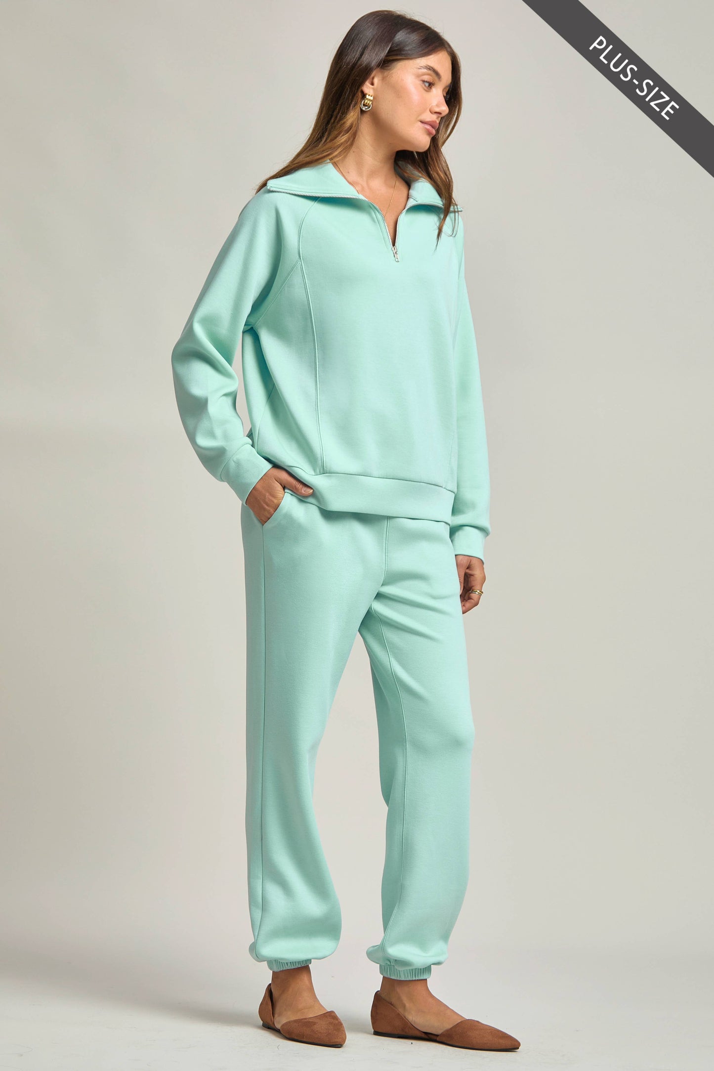 PLUS SIZE Quarter Zip Pullover + Jogger Modal Travel Set: Spring Mint / 1X
