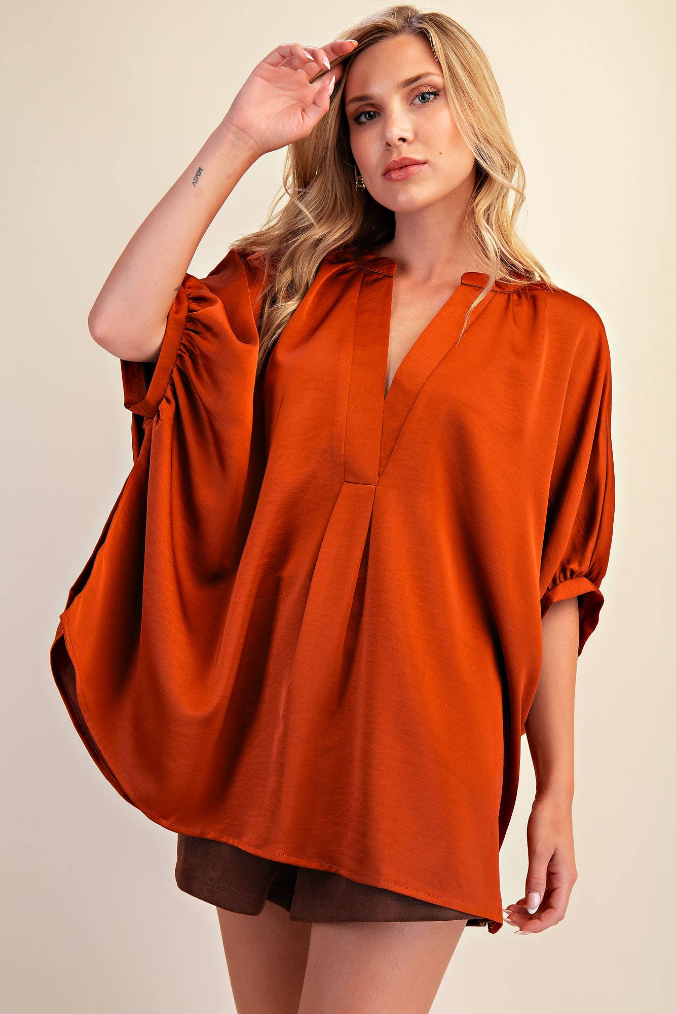 V-Neck Placket Oversized Satin Top: Olive / L