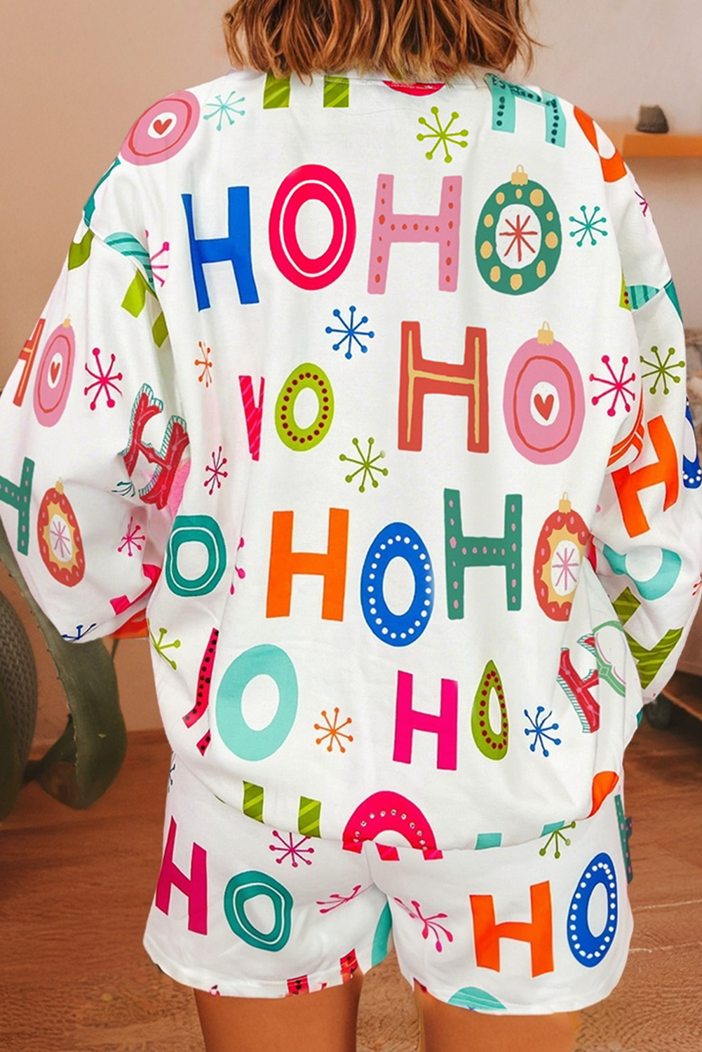 Ho Ho Ho Embellished Letter Graphic 2pcs Lounge Set: White