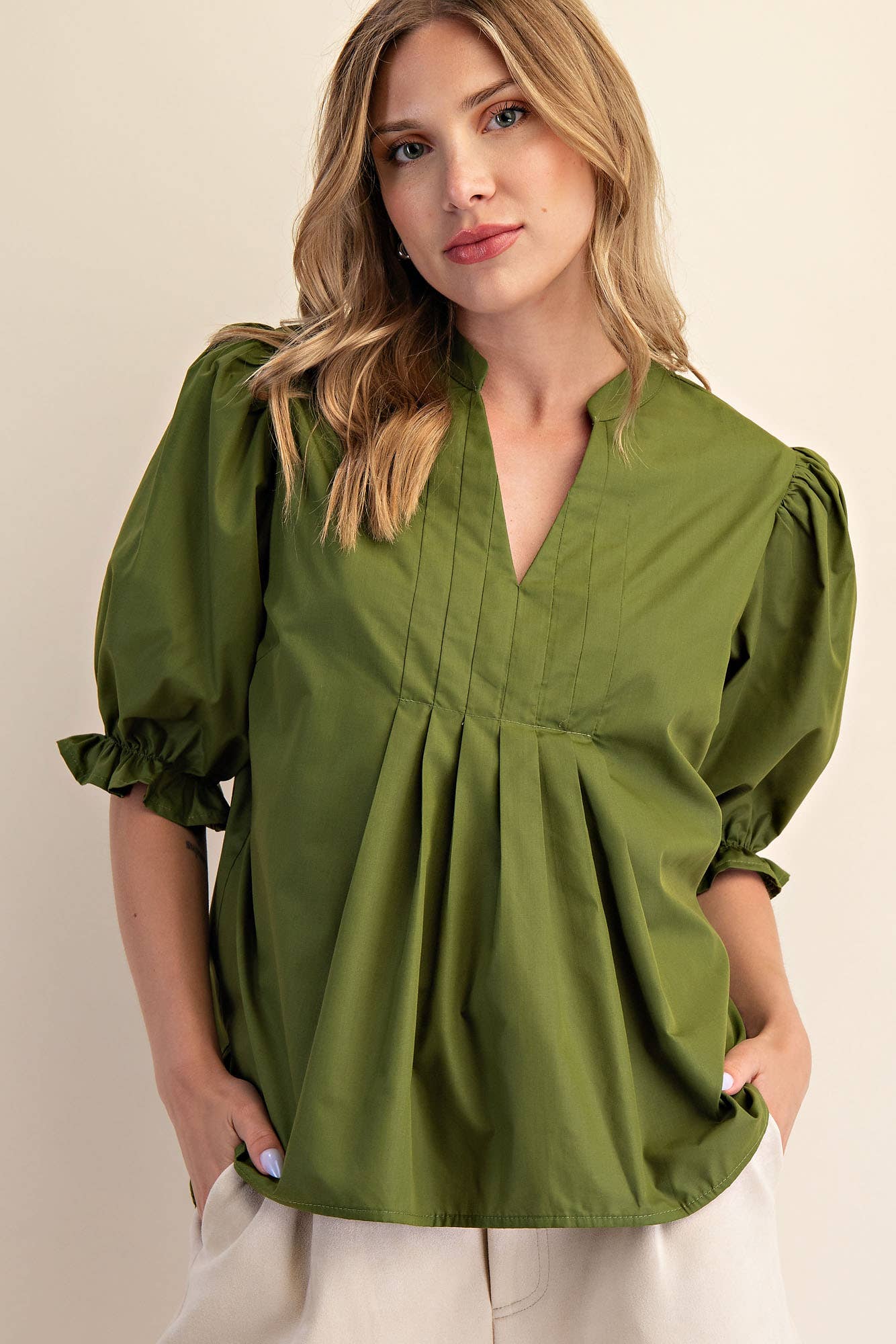 V-Neck Puff Sleeve Top: Olive