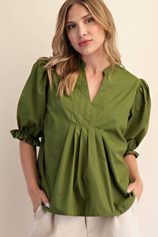 V-Neck Puff Sleeve Top: Olive
